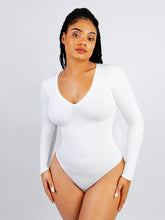 Langärmliger, gerippter Bodysuit mit V-Ausschnitt - Weiß